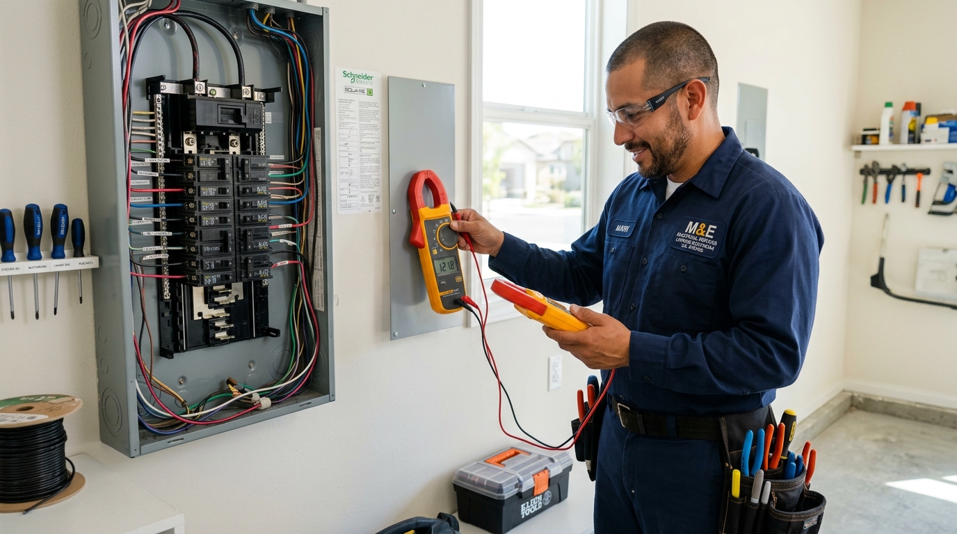 Professional electrician inspecting an electrical breaker panel in Sacramento, CA
