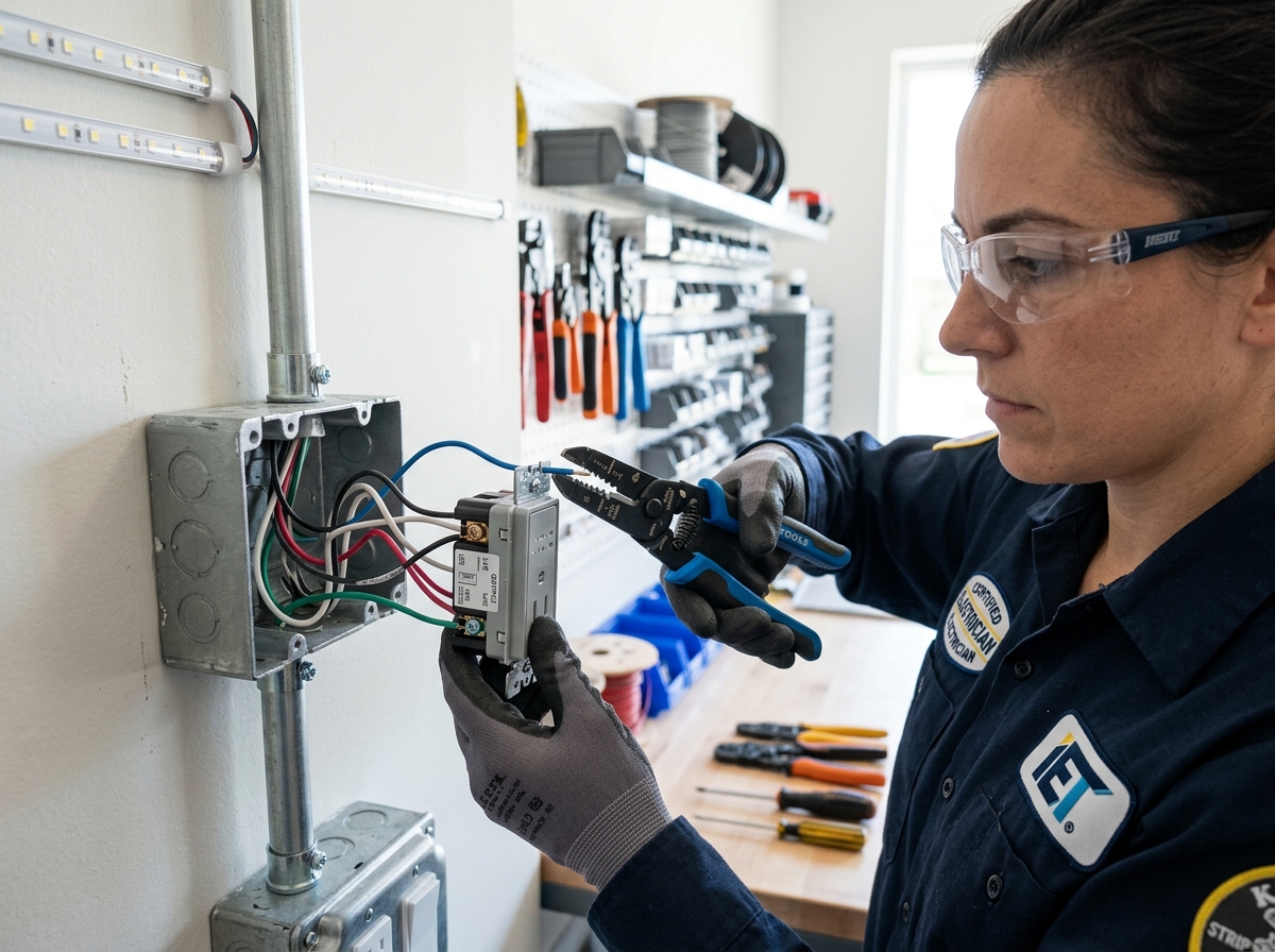Certified electrician working with precision wiring tools